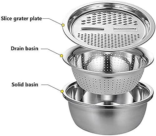 3 in 1 Stainless Steel Basin with Grater, Slicer, Colander, Drain Basket and Salad Maker Bowl (BestSeller)
